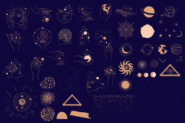 Collection of Mystical and Astrology objects, Woman face, Space objects, planet, constellation, magic ball, human hands. Minimalistic objects made in the style of one line. Editable vector illustratio - obrazy, fototapety, plakaty
