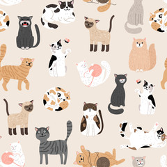 Kitty seamless pattern. Color cute cats vector background, colorful kittens texture for animals baby fabric design