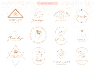 Collection of logos and icons in hand drawn style. Nature, Yoga, Skin care, Personal brand, psychology, astrology and esoteric concept illustration. Editable vector illustration.