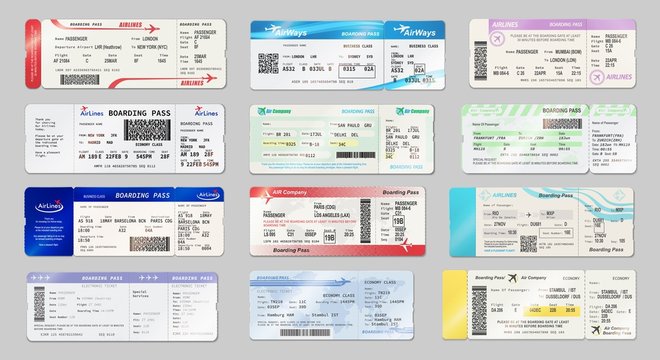 Airways tickets and boarding passes mockups. Vector avia company traveling by plane documents with time of departure and arrival, seat number and date. Avia boarding pass with QR2 or barcode symbol