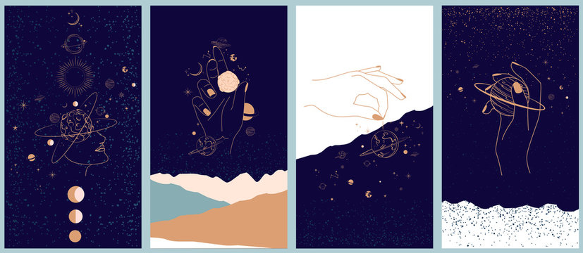 Collection of space and mysterious illustrations for Mobile App, Landing page, Web design in hand drawn style. Magic, occultism and astrology concept. Objects in the style of one line style.