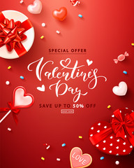 Valentine's day sale vertical background with gift boxes, hearts, Lollipop, cookies, marshmallows and streamers. Modern design.Universal vector background for poster, banners, flyers, card,advertising