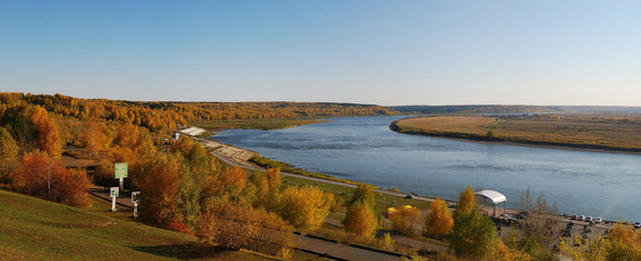 Panoramic autumn landscape. View of the Siberian river Tom. Russia.