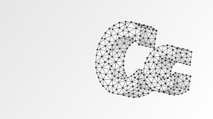 Alphabet letter C. Abstract digital wireframe, low poly mesh, vector white origami 3d illustration. Design of an Uppercase and lowercase letters. Banner, template or a pattern. Triangle, line dot