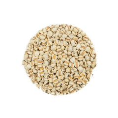 Pile of Job's tears or chinese pearl barley ( coix lachryma-jobi ) isolated on white background.Food concept from whole grains. Top view, Flat lay