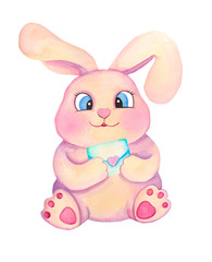 Watercolor cute cartoon children bunny with heart. Valentines day illustration. 