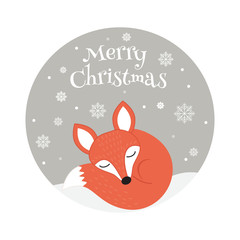 Cartoon Merry Christmas or Happy New Year greeting card. Cute sleeping fox on the snow. Holiday vector illustration.