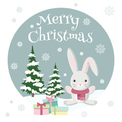 Fototapeta na wymiar Merry Christmas greeting card with cute bunny, gift boxes, fir trees and snowflakes. Cartoon background. Vector illustration.