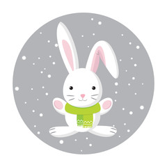 Cute white hare in green scarf. Merry Christmas or Happy New Year greeting card. Winter vector illustration in cartoon style