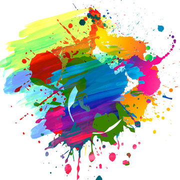 abstract multicolored splashes with geometrical figures and pattern, digital illustration