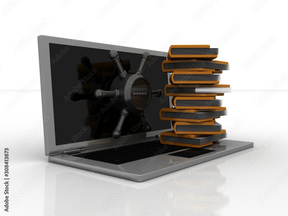 Poster 3d rendering folder on laptop with lock