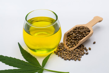  CBD hemp oil, Hemp oil extract in glass bottles , medical marijuana concept, on a white background, CBD oil pipette.
