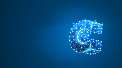 Alphabet letter C. Design of a lowercase letter. Banner, template or a pattern. Abstract digital wireframe, low poly mesh, Raster blue neon 3d illustration. Triangle, line, dot