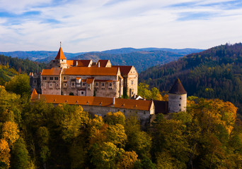 Aerial view of Pernstejn castle, Czech Republic