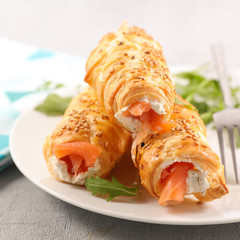 pastry roll with cheese cream and smoked salmon