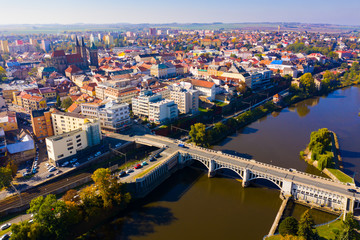 Fototapeta na wymiar Panoramic view from above on the city Kolin and Laba river. Czech Republic