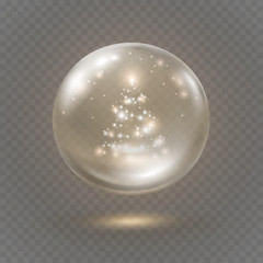 Snow globe or 3d crystal ball isolated on transparent background. Vector glass xmas snowglobe template with golden christmas tree effect. .
