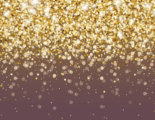 Gold glitter particles and light effect sparks background. Vector glow golden shimmer confetti texture for Christmas; New Year luxury card design.