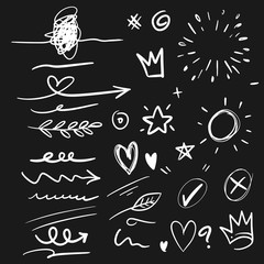 Hand drawn set elements. Arrow, heart, love, speech bubble, star, leaf, sun,light,check marks ,crown, king, queen,Swishes, swoops, emphasis ,swirl, heart, on black background.
