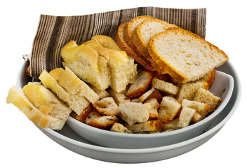 Italian bread, croutons, grissini on plate