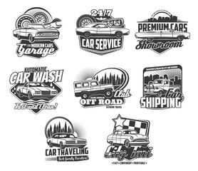 Car repair, rent and wash services isolated monochrome icons. Vector garage station and vehicle maintenance 24h, showroom of premium autos. Offroad extreme travel trucks, cars shipping and city taxi