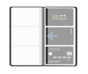 Open card holder book with clear plastic individual interior pockets and cards inside, realistic vector illustration