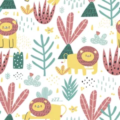Fototapeten Safari seamless pattern with cute lions and tropical plants. Vector texture in childish style great for fabric and textile, wallpapers, backgrounds. Pastel colors. © bukhavets