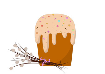  Isolated Easter cake and a bunch of willow for Easter on a white background. flat vector. illustration