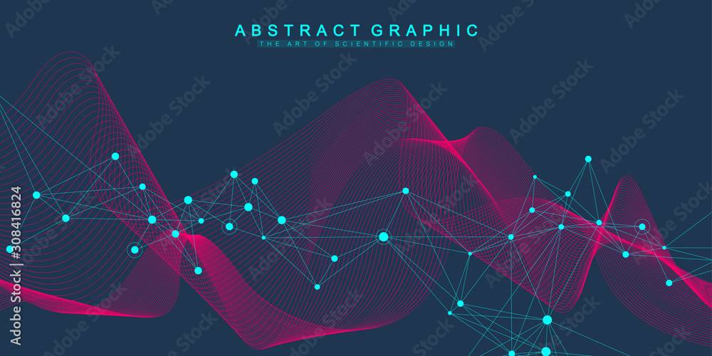 Aufkleber Digits abstract background with connected line and dots, wave flow. Digital neural networks. Network and connection background for your presentation. Graphic polygonal background. Vector illustration.