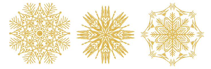 Set of snowflake sketch icon isolated on white background. Hand drawn mandala. Swirl gold icons for infographic, website, design or app