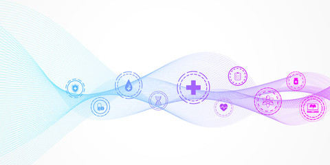 Abstract health care banner template with flat icons. Healthcare medicine concept. Medical innovation technology pharmacy banner. Vector illustration
