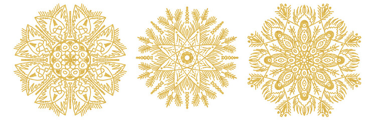 Set of snowflake sketch icon isolated on white background. Hand drawn mandala. Swirl gold icons for infographic, website, design or app