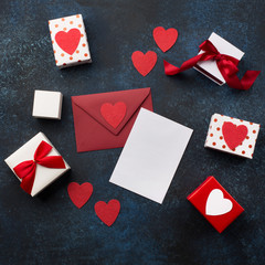 Empty card with Red envelope, gifts and hearts