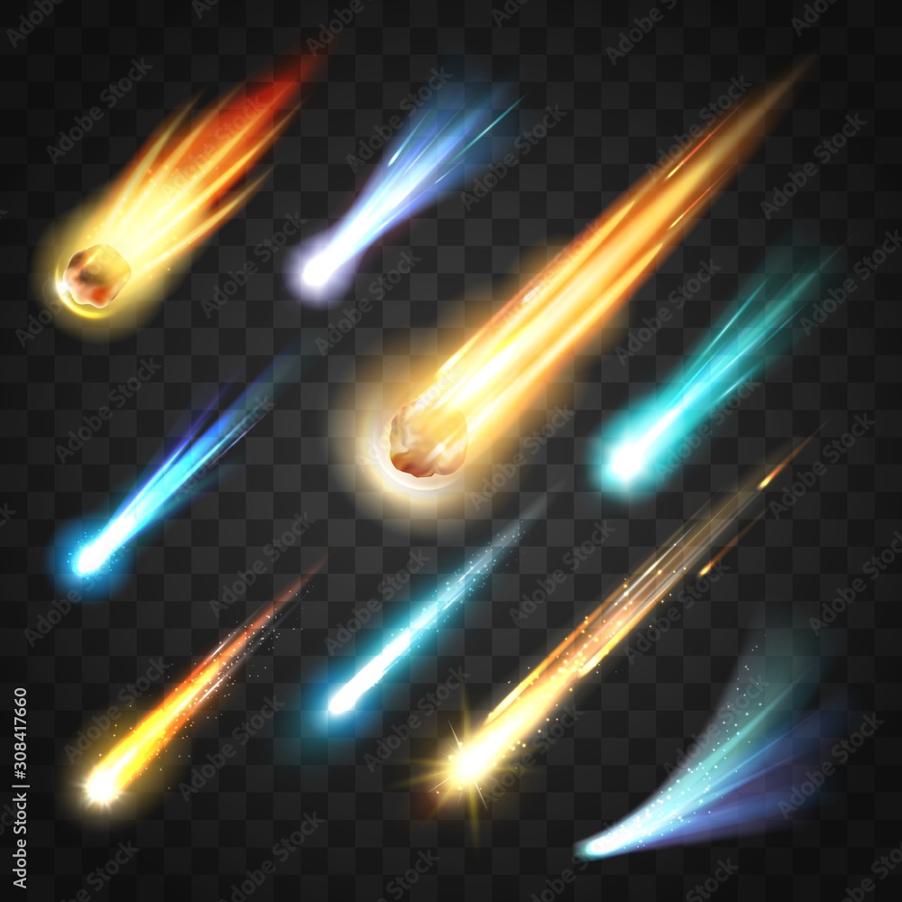 Wall mural meteors rain with comets and space bodies on transparent. vector neon glowing fast moving particles,
