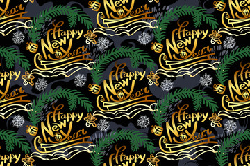 Seamless winter background. Golden text-happy New year. 2020, hand-drawn inscription with fir branches, snowflakes, gifts, patterns.