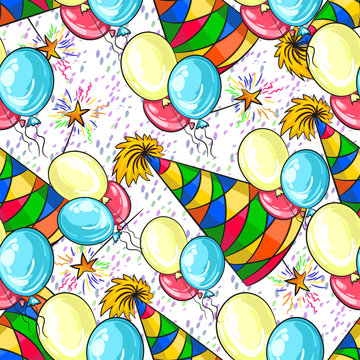 Festive elements in seamless background. Cap for birthday, new year, lights, firecrackers, balloons. Suitable for tablecloth, holiday utensils, wrapping paper, clothes and more.