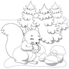 Children's coloring of squirrel nibbles acorn nuts on the background of winter trees