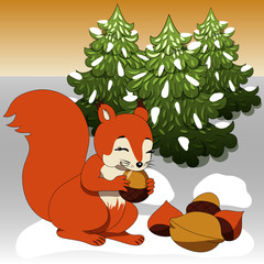 Squirrel nibbles acorn nuts on the background of winter trees