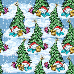 New year 2020, winter seamless background. Christmas trees, gifts, stars, mittens, Santa hat on snowy blue background. Suitable for tablecloth, holiday tableware, wrapping paper, fabrics and more.