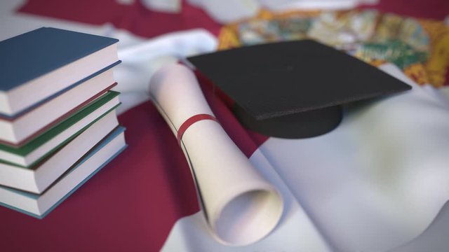 Graduation cap, books and diploma on the flag of Florida. Higher education in the USA related conceptual 3D animation