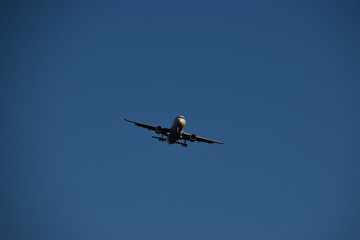 Airplane flying high with clear blue sky background