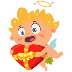 Cute cupid holding a red box of chocolates in form of heart with a yellow bow. Valentine's Day symbol. Cartoon vector illustration isolated on a white background.