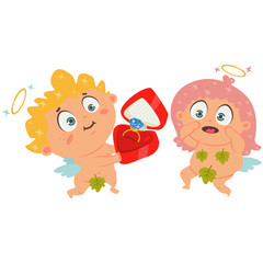 Cupid makes a proposal with a diamond engagement ring in box. Couple in love angels. Valentine's Day symbol. Cartoon vector illustration isolated on a white background.