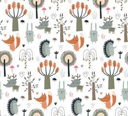 Vector seamless pattern with hand drawn wild forest animals and trees.