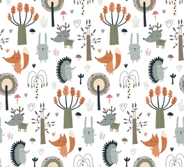 Aluminium Prints Little deer Vector seamless pattern with hand drawn wild forest animals and trees.