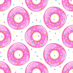 Pink donuts seamless pattern. Sweet food repeat background. Vector illustration. - 308420294