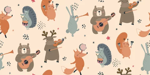 Sierkussen Dieren patronen Vector seamless pattern with hand drawn wild forest animals with musical instruments.  © Andrei