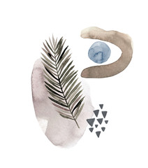 Geometric poster with watercolor and marble elements on white background. Abstract nordic print. Scandinavian style. Hand drawn illustration