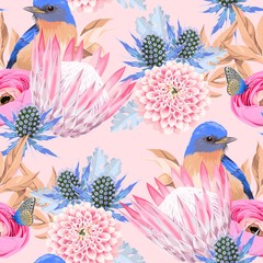 Vector seamless pattern with protea and birds