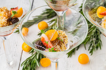 Catering for party. Close up of sandwiches, appetizers and fruit